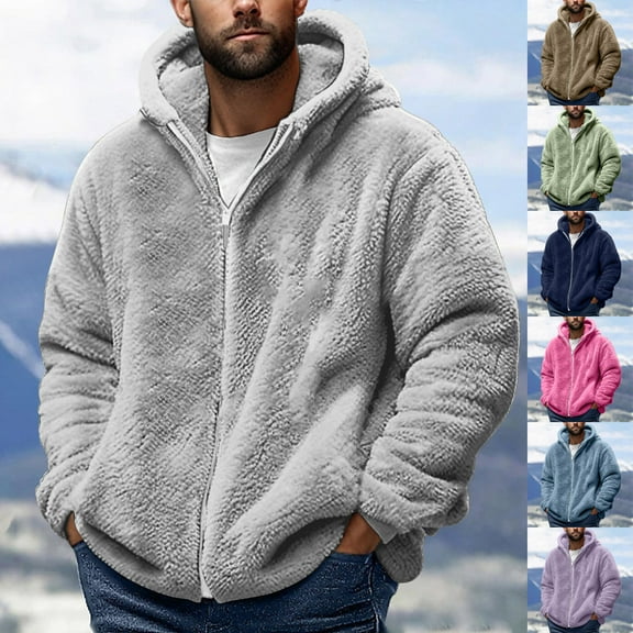 ZZwxWA Mens Fluffy Jackets with Pockets Fleece Fuzzy Hoodies Full Zip Winter Coats Warm Plush Outerwear Heavyweight Coat Sherpa Jacket Holiday Saving