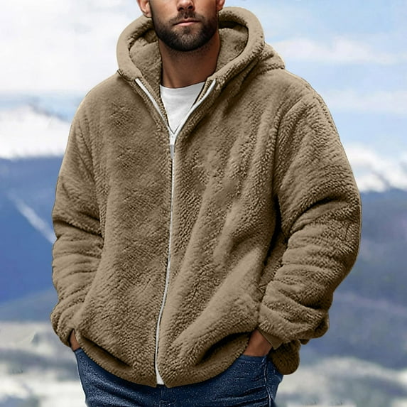 ZZwxWA Mens Fluffy Jackets with Pockets Fleece Fuzzy Hoodies Full Zip Winter Coats Warm Plush Outerwear Heavyweight Coat Sherpa Jacket Summer Saving