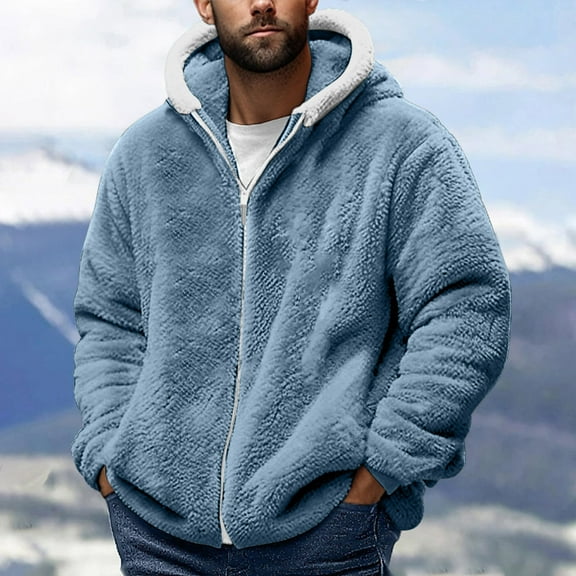 ZZwxWA Mens Fuzzy Sherpa Jacket Fleece Long Sleeve Full-Zip Hooded Shirt Casual Warm Winter Jacket Coats Outdoor Fashion up to 50% Off