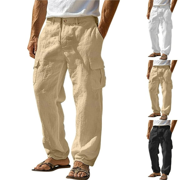 Brondbend Mens Linen Pants Casual Loose Fit Button Fly Lightweight Straight-Leg Pant Summer Beach Trouser Breathable Multi Pockets Holiday Gift Finder