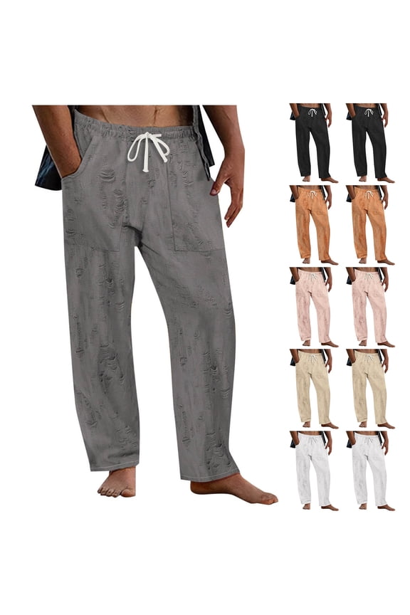 ZZwxWA Mens Lounge Linen Pants Elastic Waist Drawstring Baggy Casual Trousers Lightweight Summer Beach Slacks Straight Pants Festival Gift