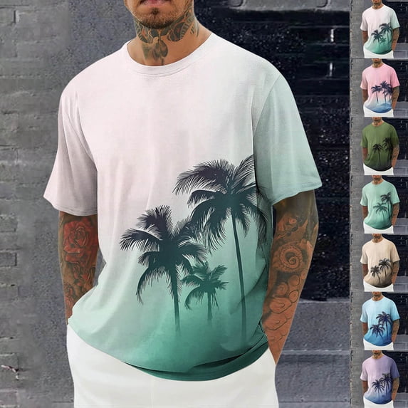 ZZwxWA Mens Palm Tree T Shirts Summer Tropical Hawaii Ink Graphic Crew Neck Short Sleeve Tees Casual Stylish Vacation Beach Tops