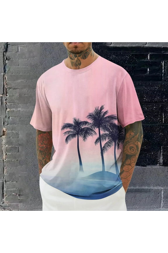 Mens Palm Tree T Shirts Summer Tropical Hawaii Ink Graphic Crew Neck Short Sleeve Tees Casual Stylish Vacation Beach Tops