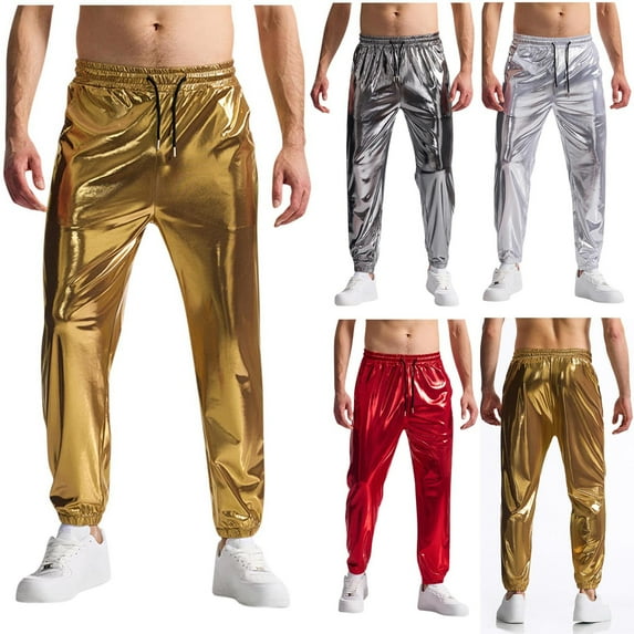 ZZwxWA Mens Reflective Joggers Pants 80s 90s Vintage Disco Party Pants Sparkly Steampunk Wide Leg Y2k Fashion Party Outfits Online Shopping