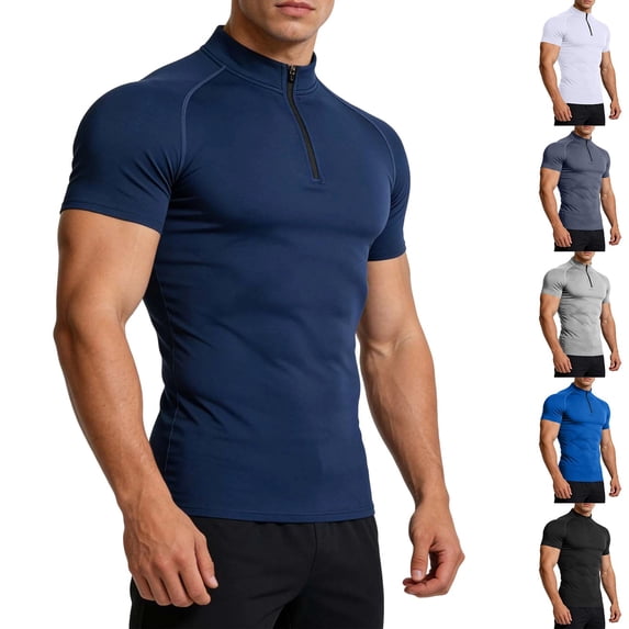 WIZUTIZ Mens Shirts Quarter Zip Short Sleeve Gym Workout Performance Moisture Wicking Athletic Quick Dry Compression Shirt Men