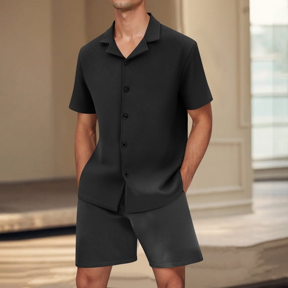 ZZwxWA Mens Short Sets 2 Piece Summer Beach Outfits Short Sleeve Shirts and Shorts Sets for Men Texture Button Down Shirts & Shorts Casual Vacation Set Sale