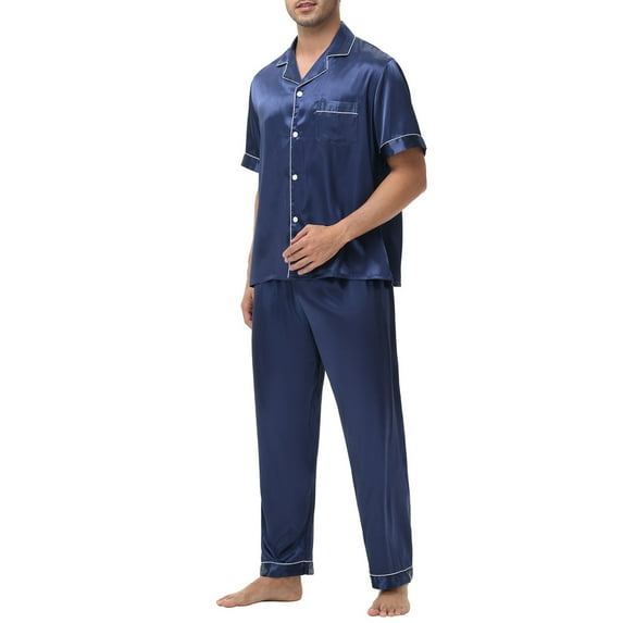 ZZwxWA Mens Silk Satin Pajamas Sets, Short Sleeves and Pants Button Down Satin Pajama, Silk Satin Pocket Pajama Sets for Men Summer Saving