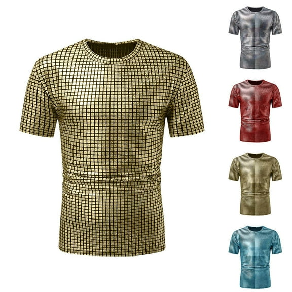 ZZwxWA Mens Tshirts Casual Summer Casual Plaid Short-Sleeved Round Neck Bright Slim T-Shirt T-Shirts Festival Gift