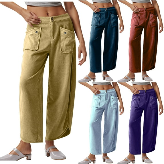 ZZwxWA Mid Rise Barrel Pant for Women Wide Leg Mid Waist Baggy Lounge Cropped Pants Y2k Streetwear Boyfriend Pocket Trousers