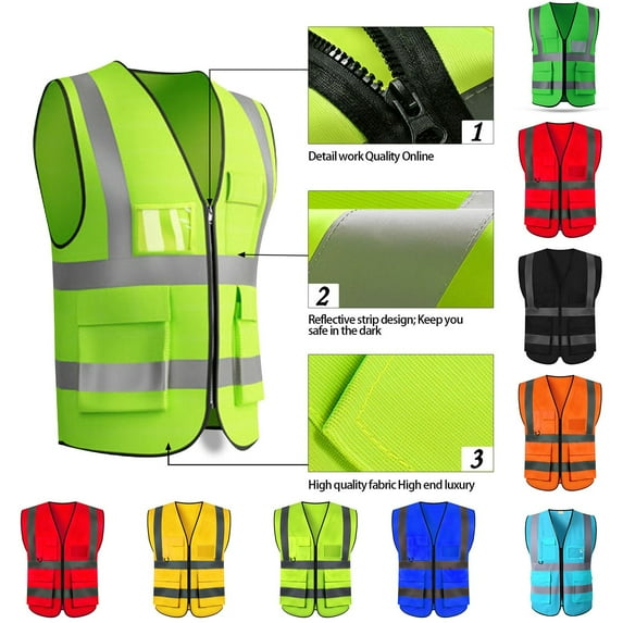 ZZwxWA Multiple Pockets High Visibility Zipper Front Safety Vest with Reflective Strips, Reflective Safety Vest for Women & Men