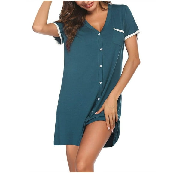 ZZwxWA Nightgowns for Women Button Down Sleepshirt Short Sleeve Nightshirt Dresses Boyfriend Pajamas V Neck Nightdress Sleepshirt Loungwear