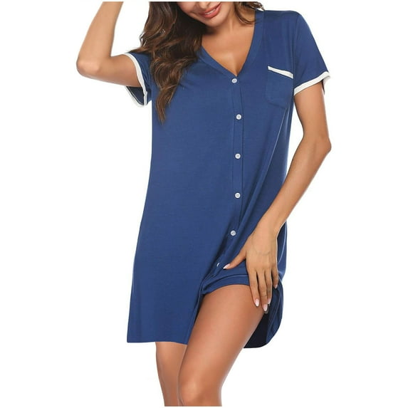 ZZwxWA Nightgowns for Women Button Down Sleepshirt Short Sleeve Nightshirt Dresses Boyfriend Pajamas V Neck Nightdress Sleepshirt Loungwear