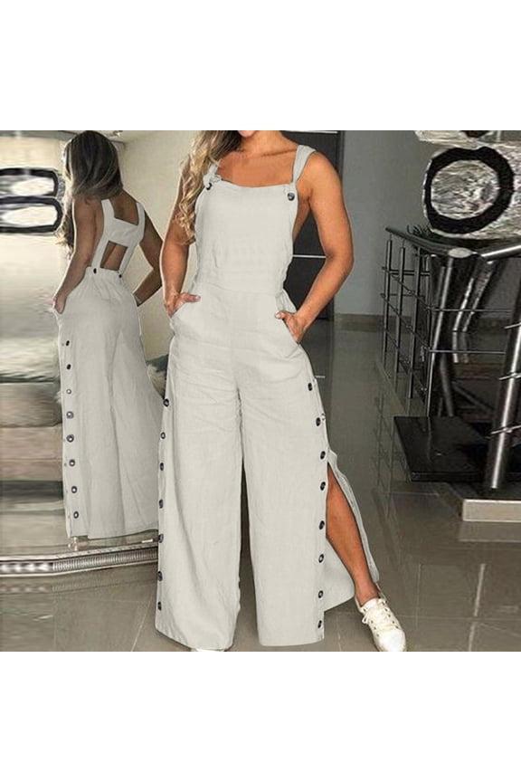 Overalls Womens Wide Leg Rompers Spaghetti Strap Playsuits Button Side Split Jumpsuits Casual Jupmers with Pockets Solid