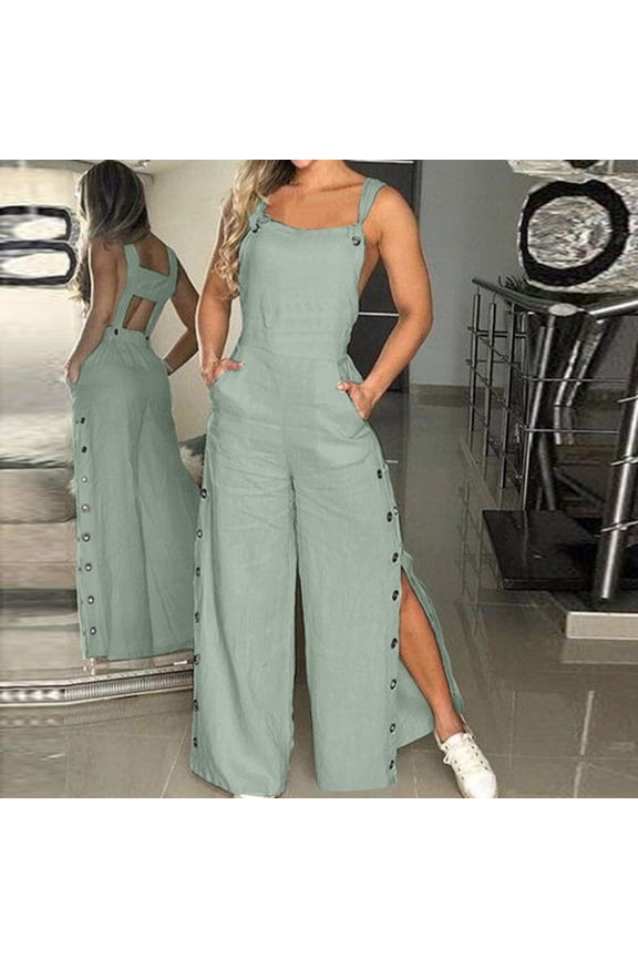Overalls Womens Wide Leg Rompers Spaghetti Strap Playsuits Button Side Split Jumpsuits Casual Jupmers with Pockets Solid