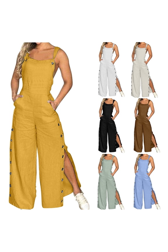 Overalls Womens Wide Leg Rompers Spaghetti Strap Playsuits Button Side Split Jumpsuits Casual Jupmers with Pockets Solid