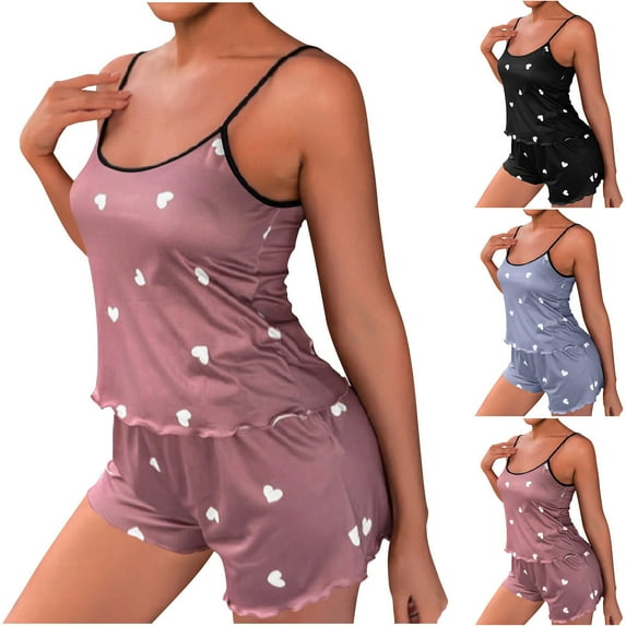 ZZwxWA Pajama Set for Women Summer Love Print Cami Top and Skinny Elastic Loose Fit Short Lounge Pant Sleepwear Set