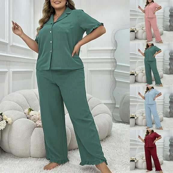 ZZwxWA Pajamas Sets for Women Notch Collar Button Down Short Sleeve Tops and Pants Ruffle Comfy Summer Lounge Set Plus Size