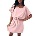 thumbnail image 1 of ZZwxWA Petite Summer Dresses for Women Mini Vacation Beach Dress Ruffle Sleeve 2025 Fit Cute with Belt Round Neck Womens Sundress, 1 of 5