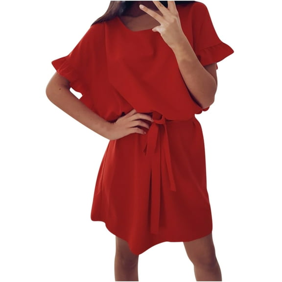 ZZwxWA Petite Summer Dresses for Women Mini Vacation Beach Dress Ruffle Sleeve 2025 Fit Cute with Belt Round Neck Womens Sundress