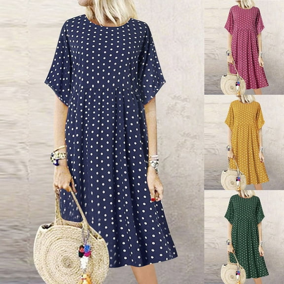 ZZwxWA Plus Size Casual Dresses for Women Polka Dots Print Short Sleeve Loose Fit with Pockets Knee Length Dress Daily Wear