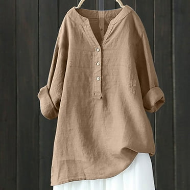 ZZwxWA Plus Size Long Sleeve Womens Tops Button Down Solid Color V Neck Blouse Baggy Fit Cotton And Linen Pullover T-Shirt Khaki XXXXXL