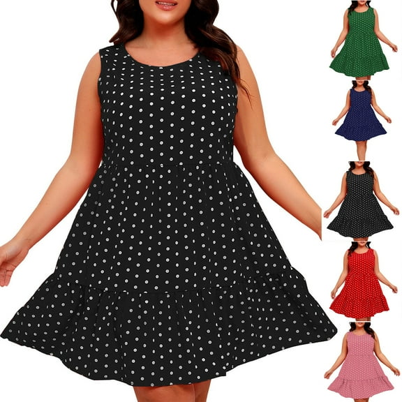 ZZwxWA Plus Size Polka Dots Tank Dress for Women Summer Cute Sleeveless Casual Empire Waist A-Line Swing Beach Sundresses