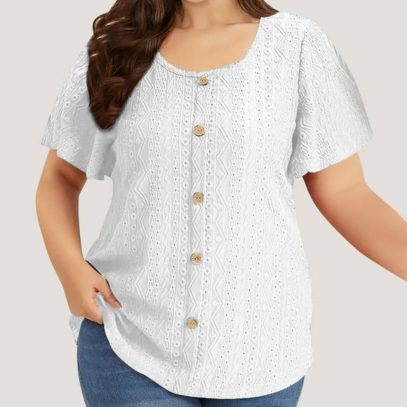 ZZwxWA Plus Size Tops for Women Summer Crewneck Neck with Button Up Short Sleeve Embroidery Solid Tshirt Casual Basic Shirt XL-5XL