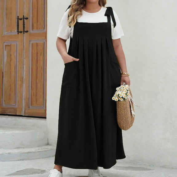 ZZwxWA Plus Size Womens Bib Overall Jumper Dress Loose Linen Adjustable Straps Suspender Pinafore Maxi Dress with Pockets