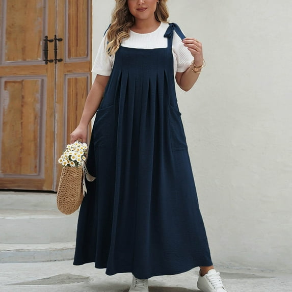 ZZwxWA Plus Size Womens Bib Overall Jumper Dress Loose Linen Adjustable Straps Suspender Pinafore Maxi Dress with Pockets