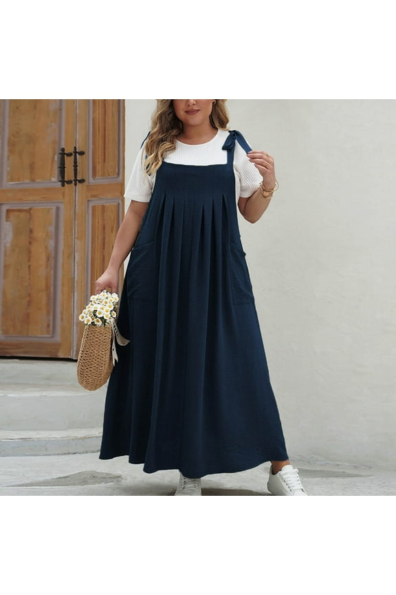 Plus Size Womens Bib Overall Jumper Dress Loose Linen Adjustable Straps Suspender Pinafore Maxi Dress with Pockets