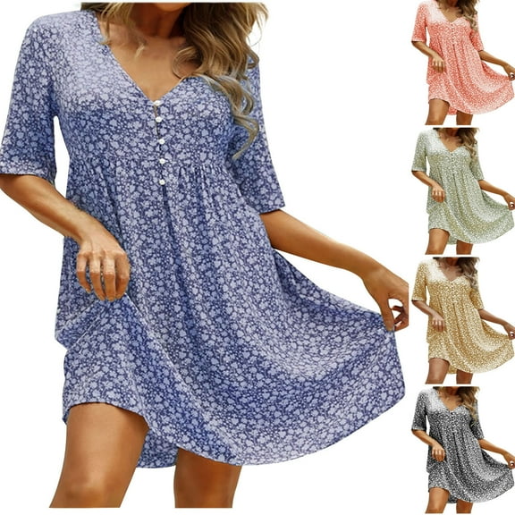 ZZwxWA Plus Size Womens Summer Dresses Casual Floral Print Midi Dress Button V Neck Short Sleeve Dresses Loose Beach Swing Sundresses