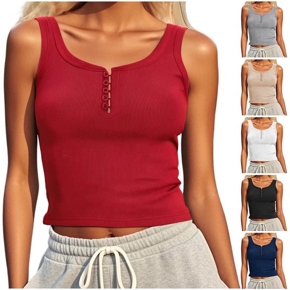 ZZwxWA Racerback Tank Tops for Women Summer Basic Crew Neck Button Camisole Tops Sleeveless Casual 2025 Henley Shirts