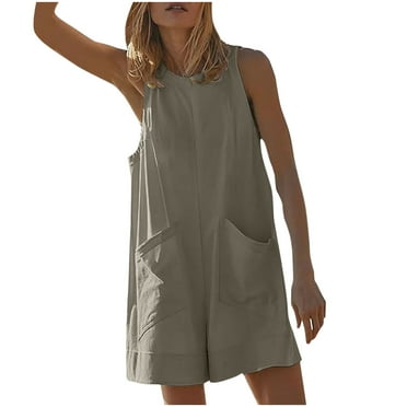 ZZwxWA Rompers for Women 2024, Dressy, Short, Casual, Cute, Petite Jumpsuits with Pockets, Summer Trends Crew Neck Solid Loose Rompers Keyhole Back Plain Wide Leg Shorts