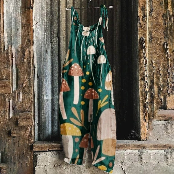 ZZwxWA Rompers for Women Dressy, Summer Trendy Backless Shoulder Knotted Halter Playsuits Jumpsuits Holiday Overalls Mushroom Print Wide Leg Long Jumpsuit Trousers Suit Green L