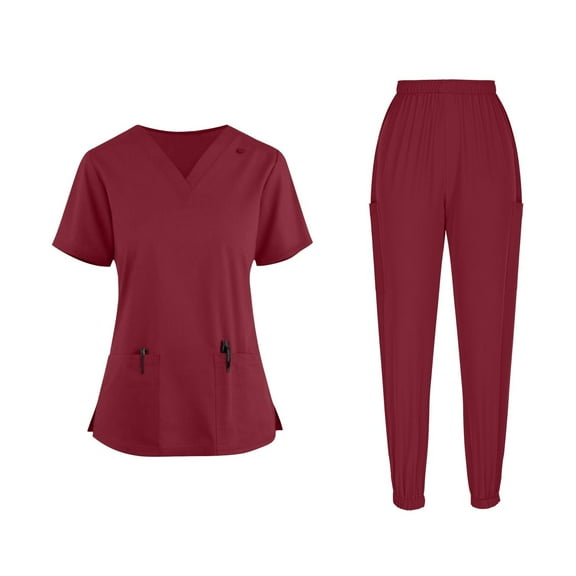 ZZwxWA Short Sleeve Scrubs for Women Sets Nursing Uniform - Stretch V-Neck Top & Joggers Pants Workwear with Pockets Solid 2 Piece Sets up to 60% Off