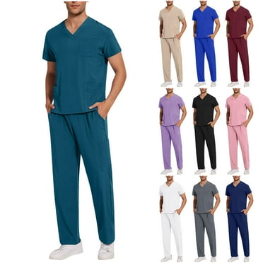 ZZwxWA Scrubs for Men Medical Uniforms V-Neck Scrub Top Drawstring Straight Pants Anti-Wrinkle Scrubs Sets 7 Pockets