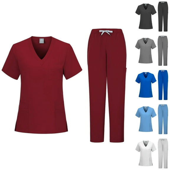 ZZwxWA Scrubs for Women Set Modern V Neck Scrub Top & Cargo Pants Solid Color Nursing Scrubs with 6 Pockets