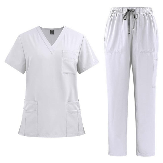 ZZwxWA Scrubs for Women Set Stretch V-Neck Scrub Top with Pockets & Drawstring Cargo Scrub Pant Quick Drying Solid Nurse Uniform