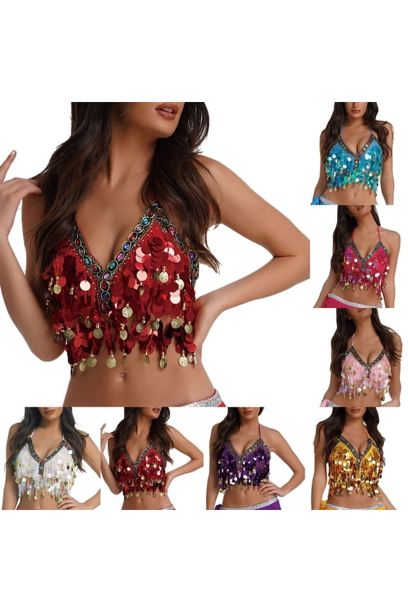 Sequin Halter Bra Top Salsa Belly Dance Boho Festival Clubbing Tribal Bra Tops