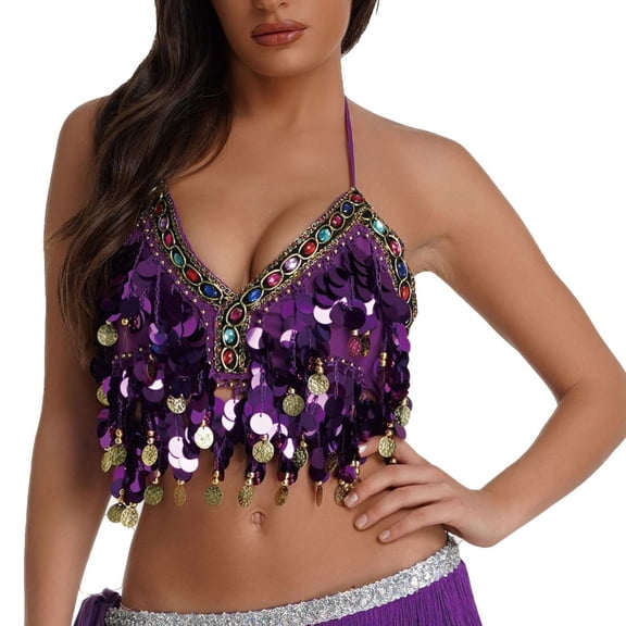 ZZwxWA Sequin Halter Bra Top Salsa Belly Dance Boho Festival Clubbing Tribal Bra Tops