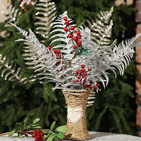 ZZwxWA Set of 12 Realistic Red Glitter Fern Leaf Sprays for Christmas Wedding Party Decor Elegant Plastic Artificial Leaves Bouquet for Home Centerpieces