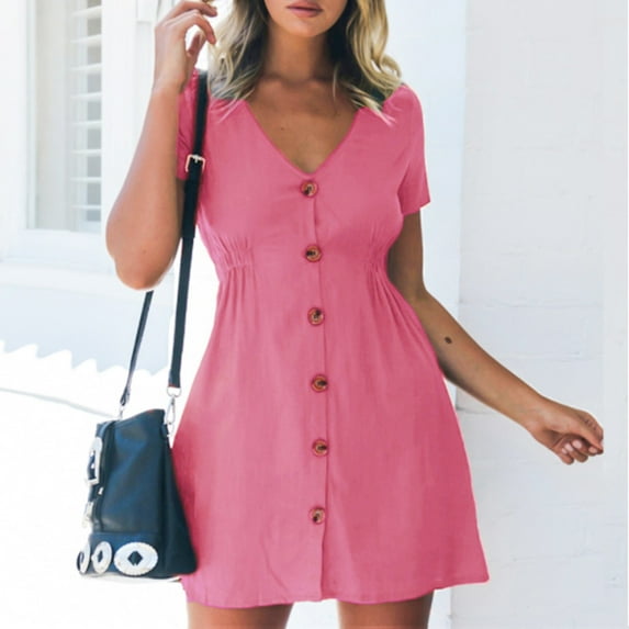ZZwxWA Sexy Dress for Women Party Womens Holiday V Neck Short Sleeve Flowy Ruffle Mini Dress for Women Summer Solid Color Buttons Down Casual Dress