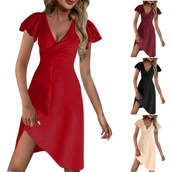 ZZwxWA Sexy Summer Dresses for Women 2025 Ruffle Short Sleeve Deep v Neck Knee Length Dresses Solid Color High Waist Dresses
