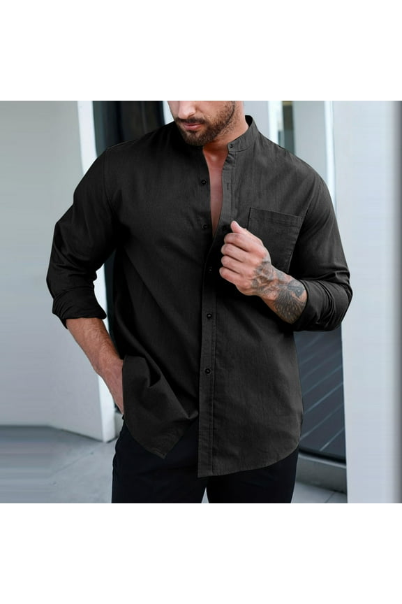 Shirt for Men Long Sleeve Linen Long-Sleeved Casual Shirt Collarless Standing Collar Summer Top Fashion Shirts Holiday Saving