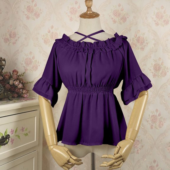 ZZwxWA Shirt for Women Short Sleeve Cold Shoulder Tunic Blouse Summer Tops Ruffle Hem Vintage Dressy Tshirt Cocktail Party