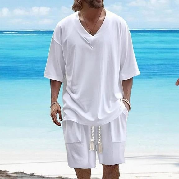 ZZwxWA Short Set Men 2 Piece Summer Beach Outfit V Neck Half Sleeve T-Shirt and Drawstring Casual Long Shorts Loungewear 2025 Festival Gift