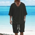 thumbnail image 1 of ZZwxWA Short Set Men 2 Piece Summer Beach Outfit V Neck Half Sleeve T-Shirt and Drawstring Casual Long Shorts Loungewear 2025, 1 of 5