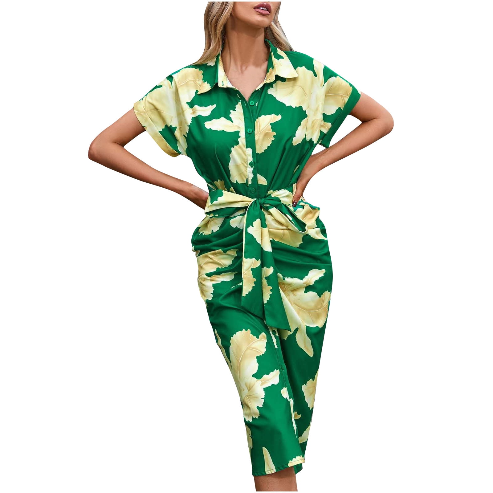 ZZwxWA Short Sleeve Fashion Button Down Tie Waist Pleated Wrap Hip Summer  Casual Loose Outdoor Floral Print Maxi Dress Lapel Dresses Green XL -  Walmart.com