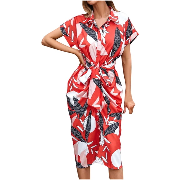 ZZwxWA Short Sleeve Fashion Button Down Tie Waist Pleated Wrap Hip Summer Casual Loose Outdoor Floral Print Maxi Dress Lapel Dresses Red L