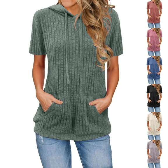 ZZwxWA Short Sleeve Hoodies for Women Pullover Oversized Sweatshirts Trendy Casual Shirts Tunic Tops with Kangaroo Pocket
